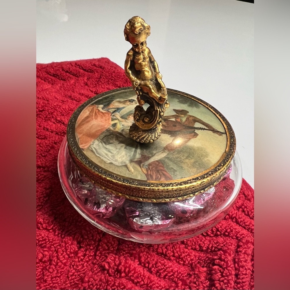 Antique- Vintage 1920’s (approx) Era, Glass, Musical Dish with Gold Cherub Lid